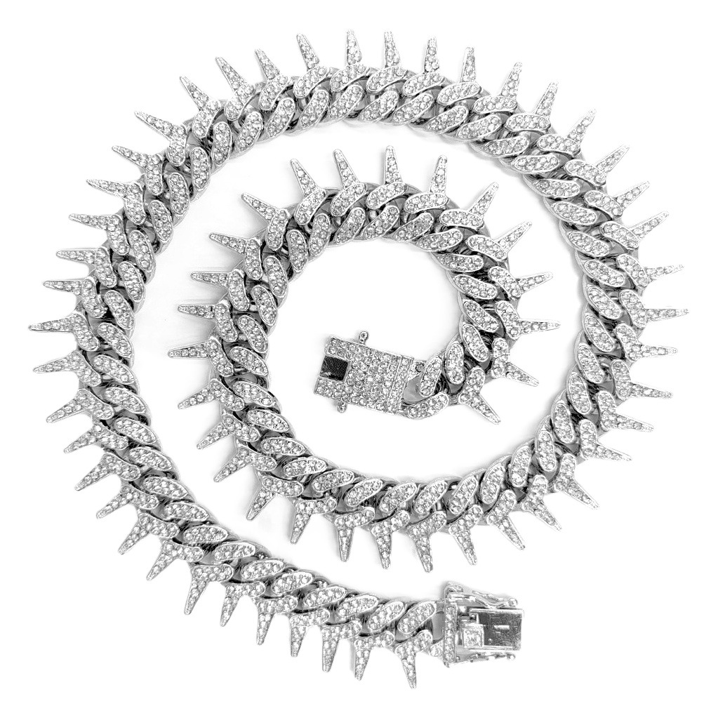 Cadena de espinas estilo rap con diamantes incrustados, cadena cubana, cadena de clavícula de marca moderna estilo punk retro hip-hop, collar de cadena corta para el cuello.