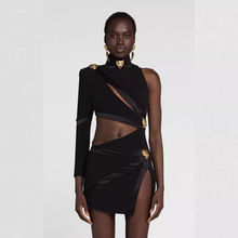 2024春夏新款时尚性感镂空单长袖围巾领连衣裙女装绷带连衣裙外贸