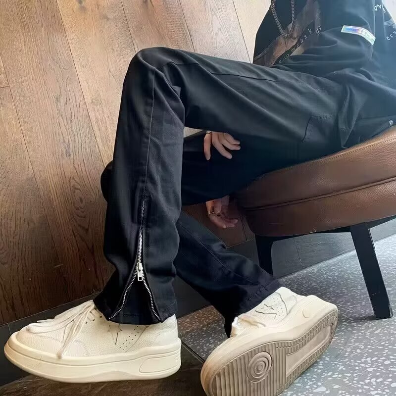 American-Style Street Washed Vintage Zipper Jeans for Men, Spring and Autumn Straight Loose Fit, European and American High Street Vibe Style Long Pants
