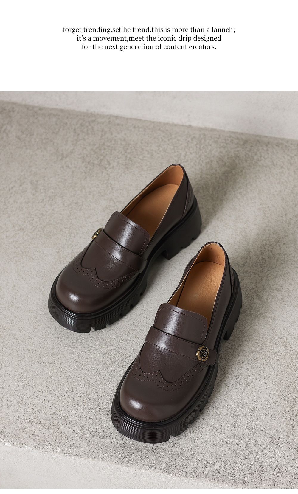 Giày loafer nữ đế xuồng phong cách Anh cổ điển, mũi tròn, gót cao nhỏ, họa tiết hoa sơn trà — màu nâu chi tiết 22