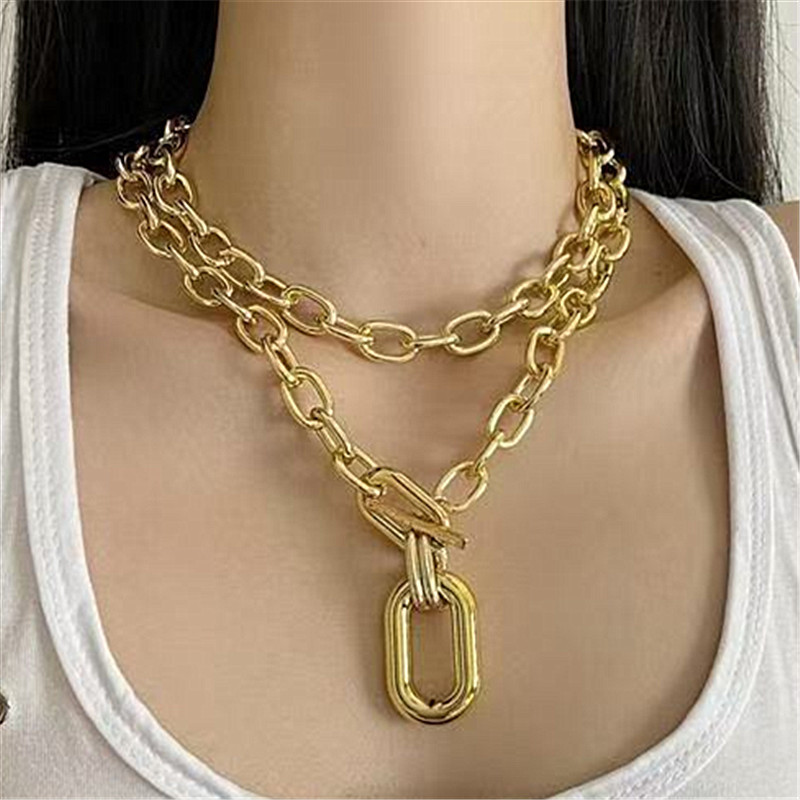 European and American Cross-Border Jewelry, Trendyy Personalized Aluminum Chain Multi-Layer Necklace for Women, Fashionable Geometric Metal Buckle Clavicle Necklace