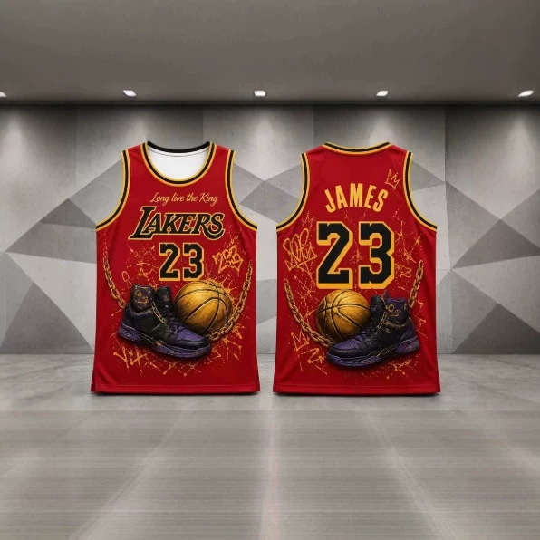 23 Red Basketball Jersey King-Themed Sports Shoes with Ball Print Breathable Mesh Sleeveless Men's Fan Sports Vest 23 Red Basketball Jersey King-Themed Sports Shoes with Ball Print Breathable Mesh Sleeveless Men's Fan Sports Vest