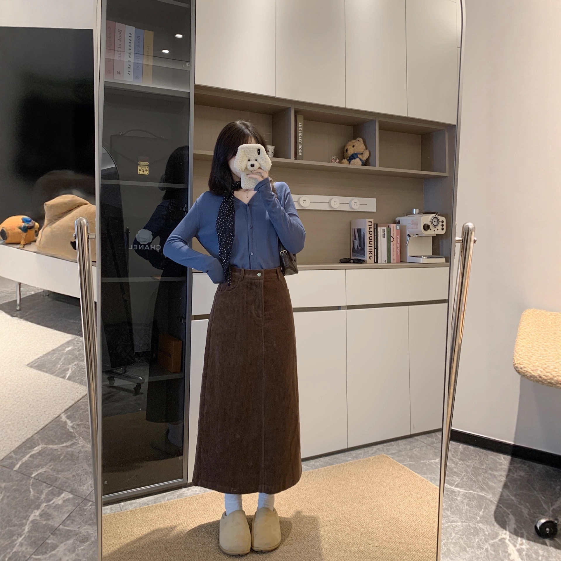 大码女装韩系复古咖色灯芯绒半身裙女秋冬高腰直筒a字裙开叉长裙