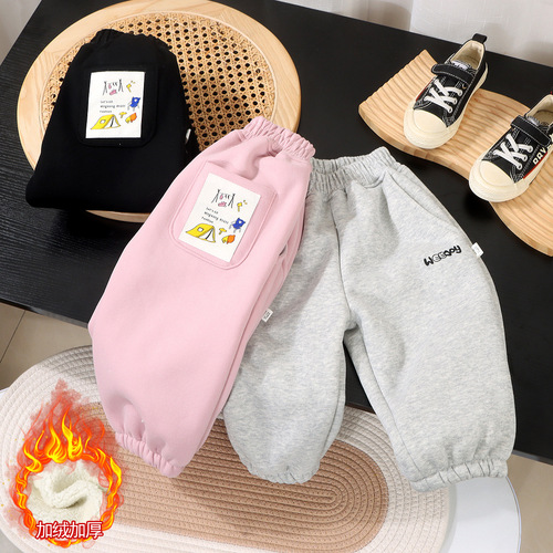 Winter A-Class Children's Warm Cotton Pants for Boys and Girls, Babies, Thick Leisure Stylish One-Piece Fleece Waist Guard Pants