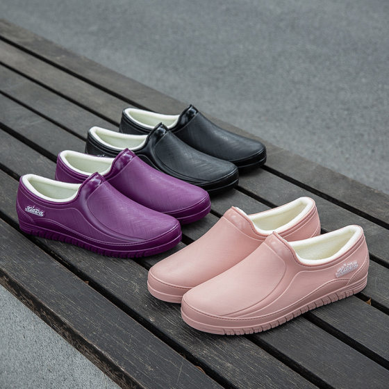 Short rain boots women's low-top fleece-lined one-piece low-cut rain boots waterproof soft bottom short water shoes kitchen non-slip flat rubber shoes