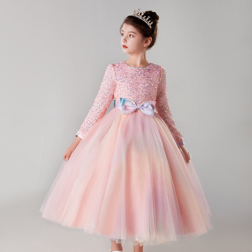 Little Girl Formal Dress with Long Sleeve and Gradient Hem, Princess Dress with Net Fabric and Full Skirt, Sweet Christmas Host Program Long Dress
