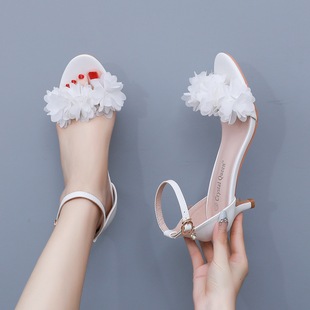 5cm Lace Flower Bride Wedding Shoes Shallow Mouth Strap Sandals Thin Heeled White Buckle Sandals Princess Sandals