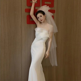 Light Wedding Dress 2025 New Style Small Tail Certificate Simple Satin Small White Dress Fishtail Bride French Outing Veil