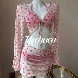 【酒醺野莓】甜美系玫红色泰国度假纯欲辣妹比基尼四件套分体泳衣