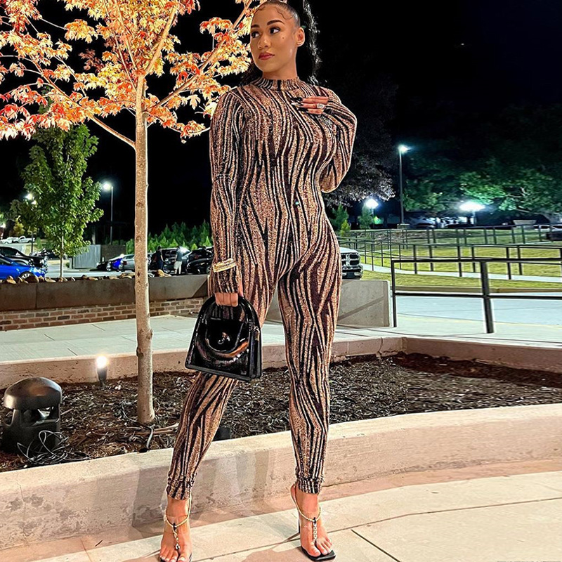 standing collar printing long-sleeved tight-fitting hip-lifting long-sleeved jumpsuit NSJYF138224