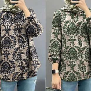 Spot Cross-Border Amazon Middle Eastern Malay 2025 New Women's Muslim Floral Shirt Fashionable Puff Sleeves