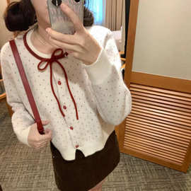 韩系奶盐咸桃少女感爱心提花针织开衫女秋冬加厚短款宽松毛衣外套