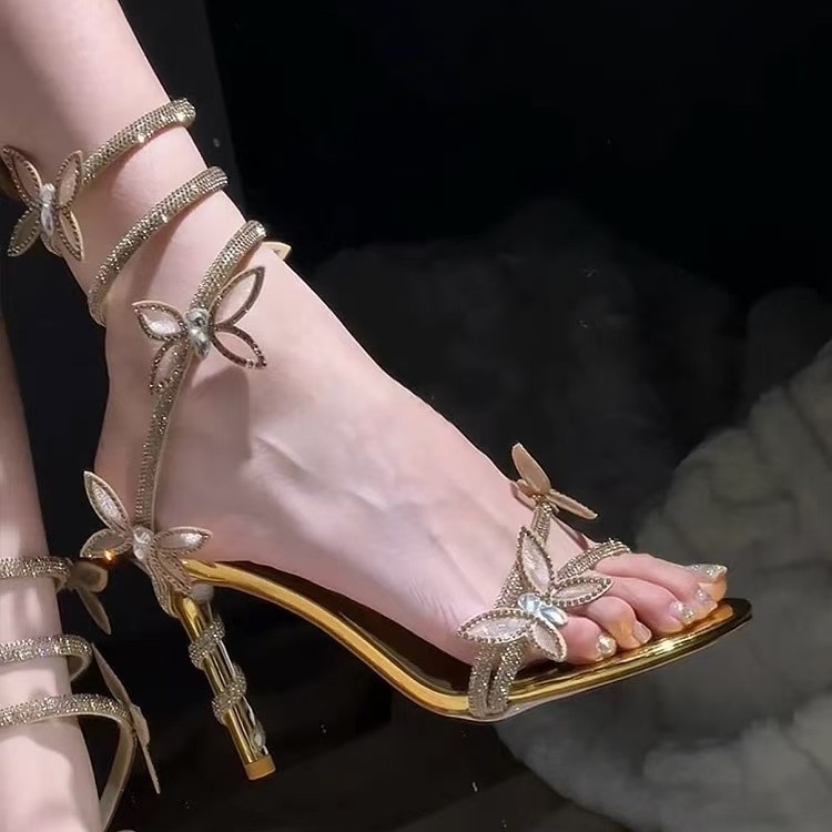 High heels with rhinestones with bow heels with a strap open toe
