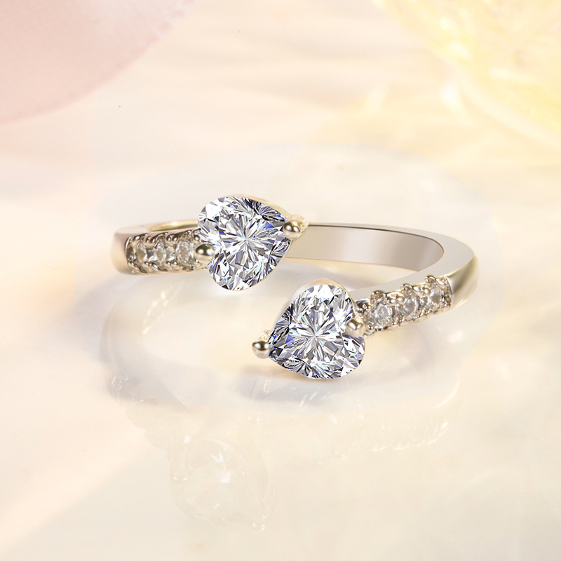 Double Heart Zircon Open Ring For Women Sterling Silver Style_voghion.com