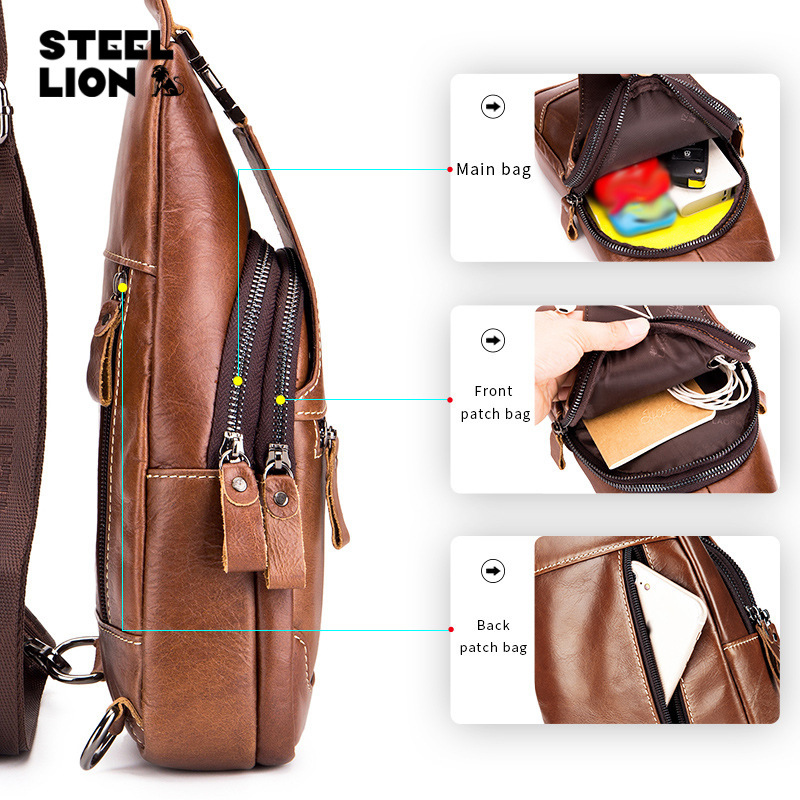 Bolsa de pecho de cuero para hombre primera capa de piel de vaca bolsa de pecho retro estilo casual bolsa de hombro bolsa de cuero de gran capacidad