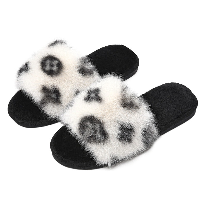 Amazon nueva flor piel plana zapatillas Zapatillas de mujer Casa Alta y Baja lana abierta Zapatillas de algodón Comercio exterior