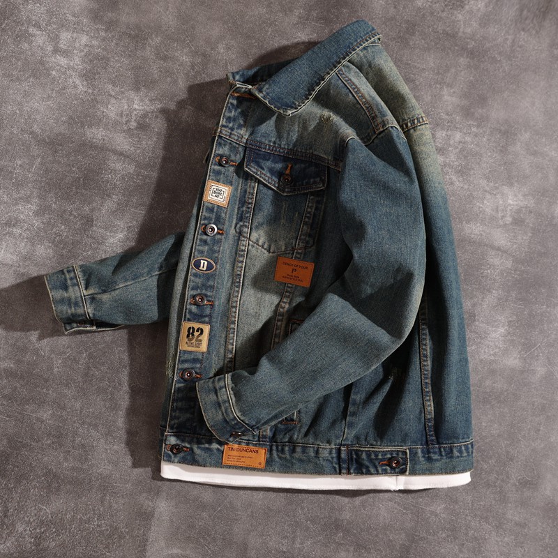 Höst- och vinter retro jeansjacka herr trendig märkes snygg smal jacka tvättad nostalgisk mångsidig denim_voghion.com