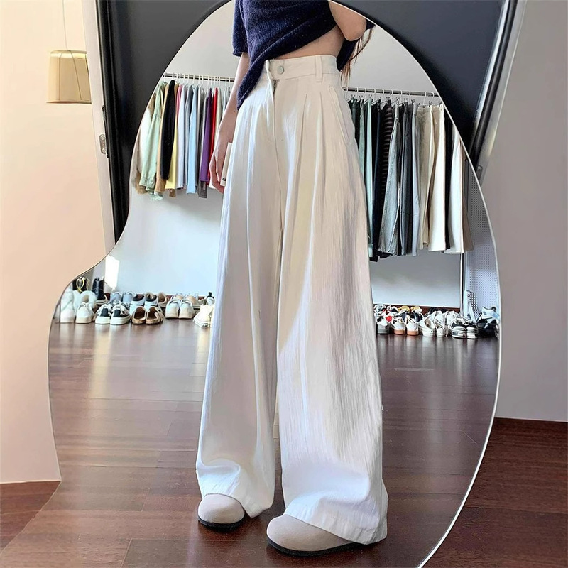 Pleated Texture Design White Jeans New Large Size Women's Clothing Covering Flesh Loose Floor-Length Straight Wide-Leg Long Pants