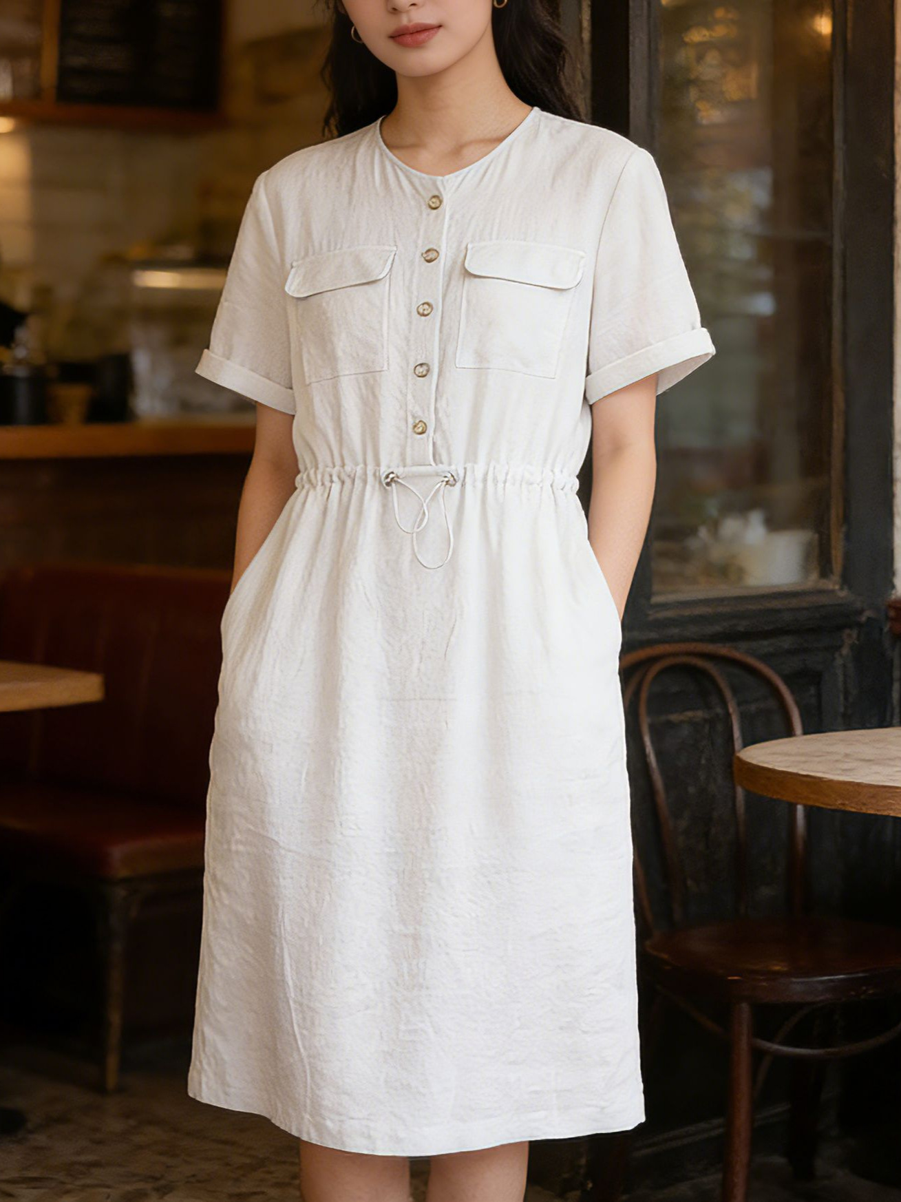 Đầm maxi nữ linen dáng rộng eo rút dây, thiết kế cắt may 3D — màu ô liu xanh