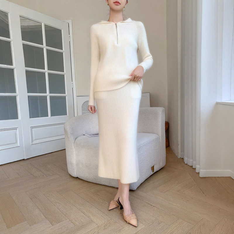 Autumn and Winter New Cashmere Knitted Suit, Women's Base Shirt, Soft and Comfortable Casual Long-Sleeve Set with Skirt