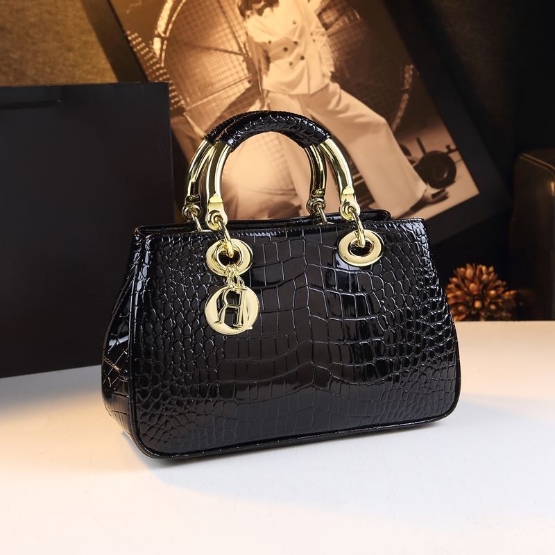 Túi xách nữ da thật họa tiết cá sấu phong cách Lady Diana, đeo vai, đeo chéo, xách tay — đen, cà phê nâu, vàng tím