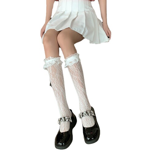 Japanese cos sweet style summer ultra-thin solid color core-spun silk fluffy mesh lace calf socks for women mid-calf stockings
