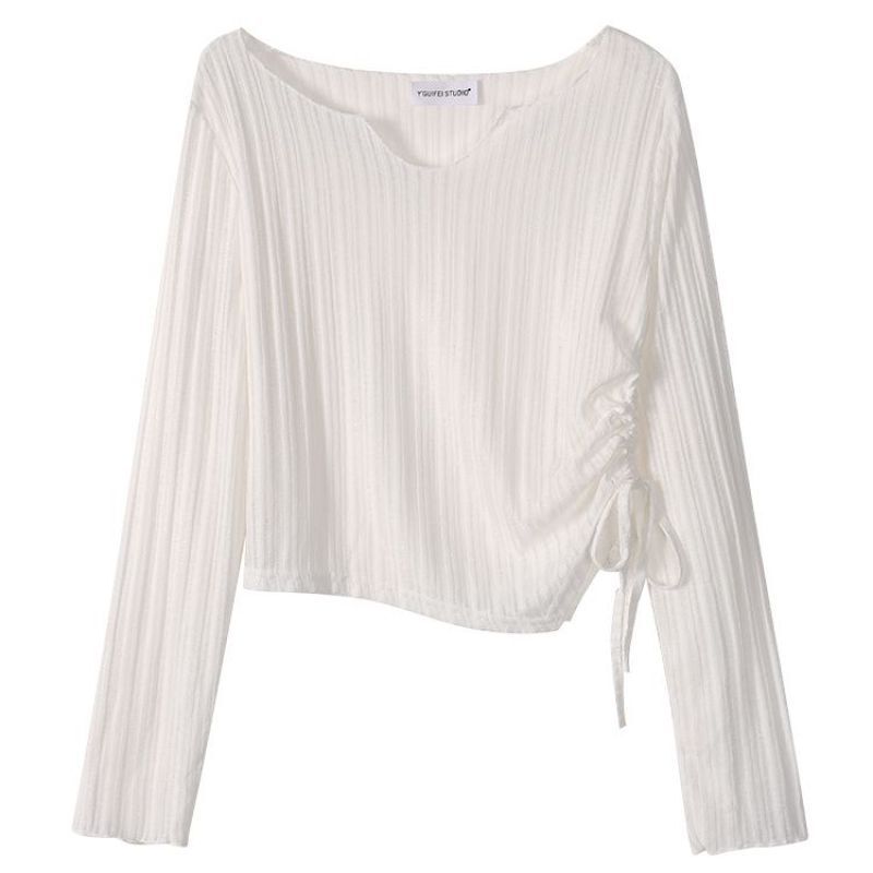 Lihuohuo-White Drawstring Long-Sleeved Sun Protection Blouse for Women 2026 Autumn Asymmetrical Slimming Look Right-Shoulder T-Shirt Top