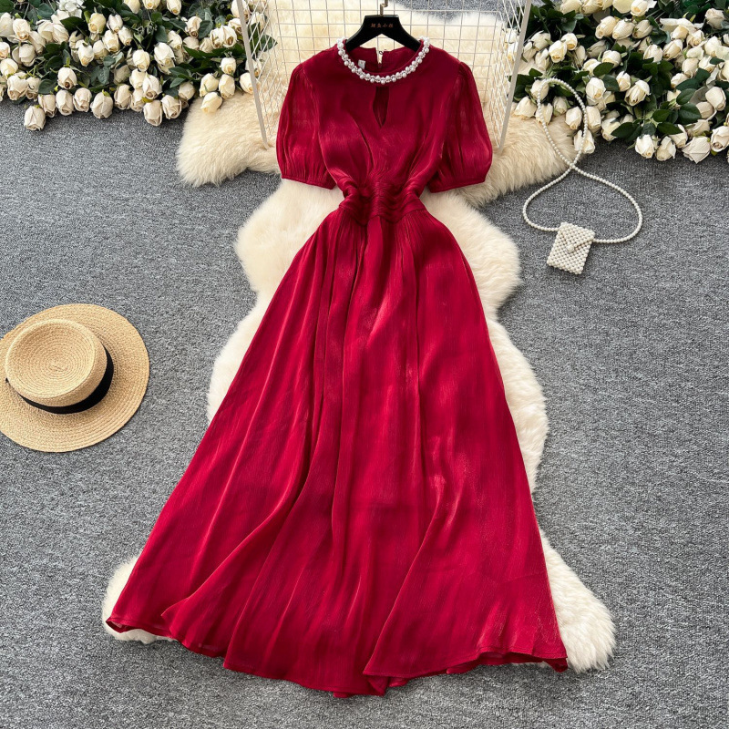 Light Luxury Gold-Style Satin Puff-Sleeved Dress for Women in Summer with Pearl Chain Thin Waist Slimming and Beautiful Long Skirt