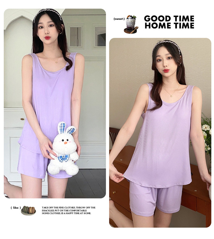 Pyjama mit Weste und Shorts aus Modal – Brustpolster, zweiteiliges Set, einfarbig, leichte Loungewear für Damen_voghion.com