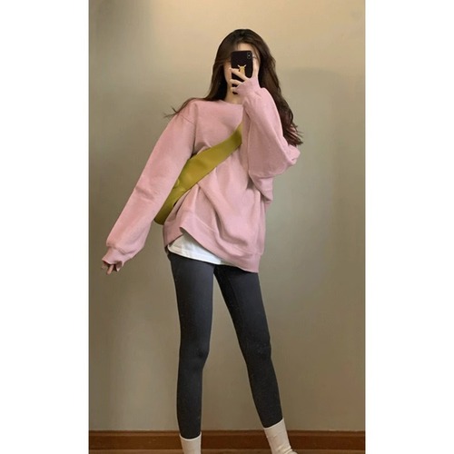 Gray right shoulder round neck hooded sweatshirt for women spring and autumn petite mid-length loose oversize heavy top