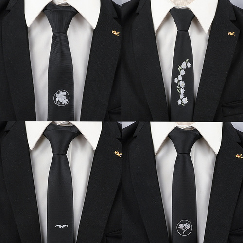 Men's black tie men's formal wear Korean version 8cm student female suit business lazy zipper style wedding career trend