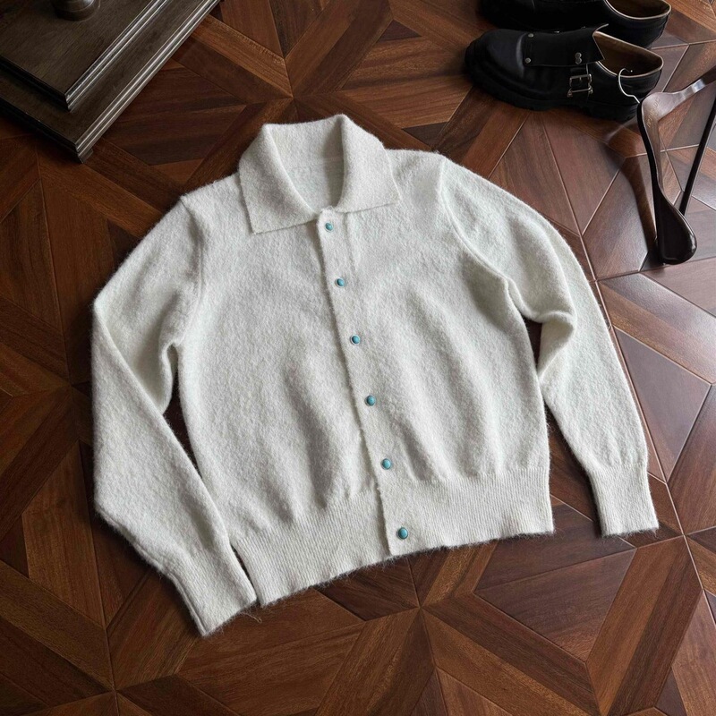 White turquoise cardigan for men, autumn boxy old money style, collared knit sweater, American cleanfit jacket