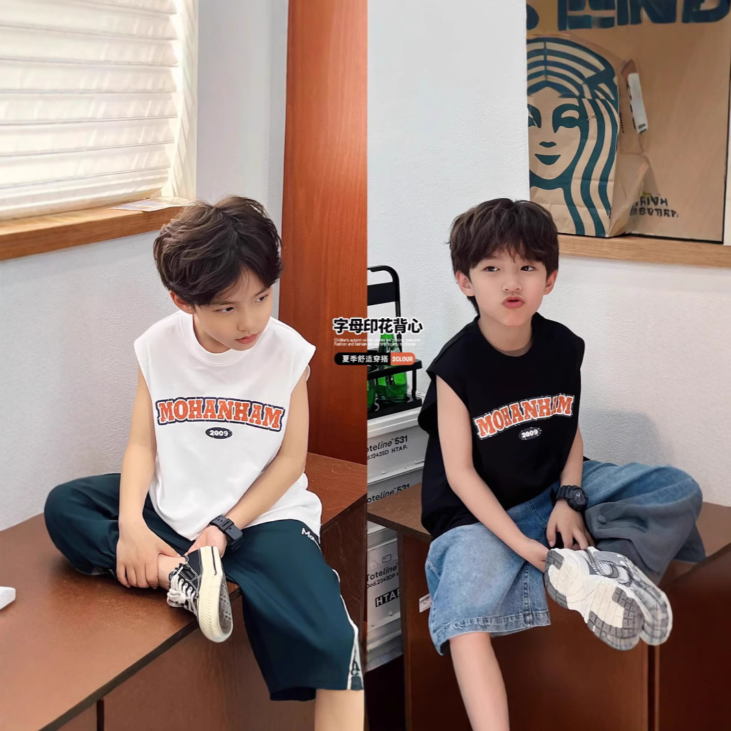 2025 Summer New Style Children's Sleeveless Vest with American Style Letter Print for Boys, Girls, and Big Kids