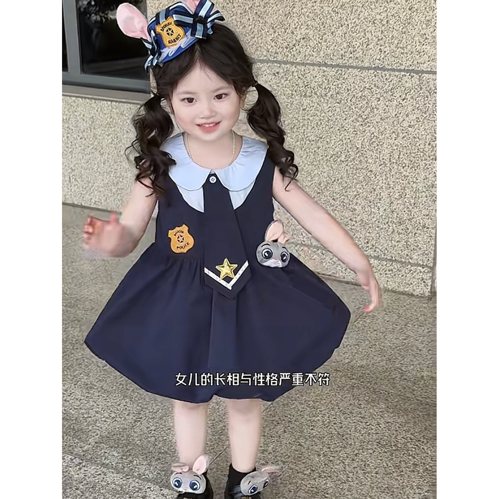 Girls Dress 2025 Summer Cos Rabbit Police Officer Baby Girl Cute Doll Collar College Style Flower Bud Dress Trendy