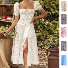 2026夏季新款女装 跨境欧美法式连衣裙子 修身露背碎花开叉吊带裙