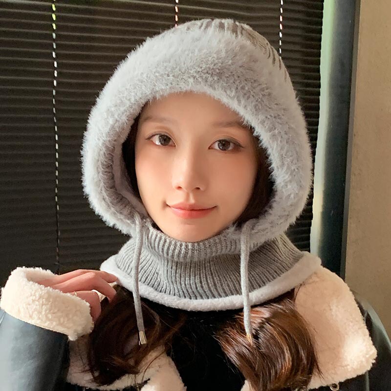 新款连体帽女冬季骑行加绒加厚遮脸护耳针织帽子围脖口罩保暖套件|undefined