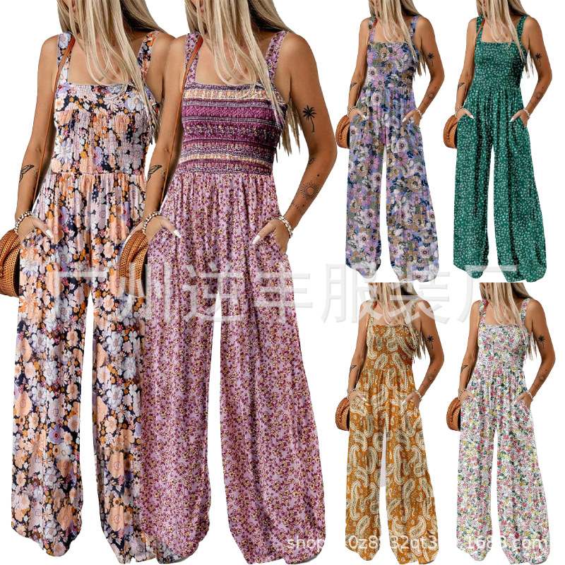 Tiktok Amazon Hot-Selling European and American Cross-Border Foreign Trade Women's New Bohemian Print Strap Jumpsuit