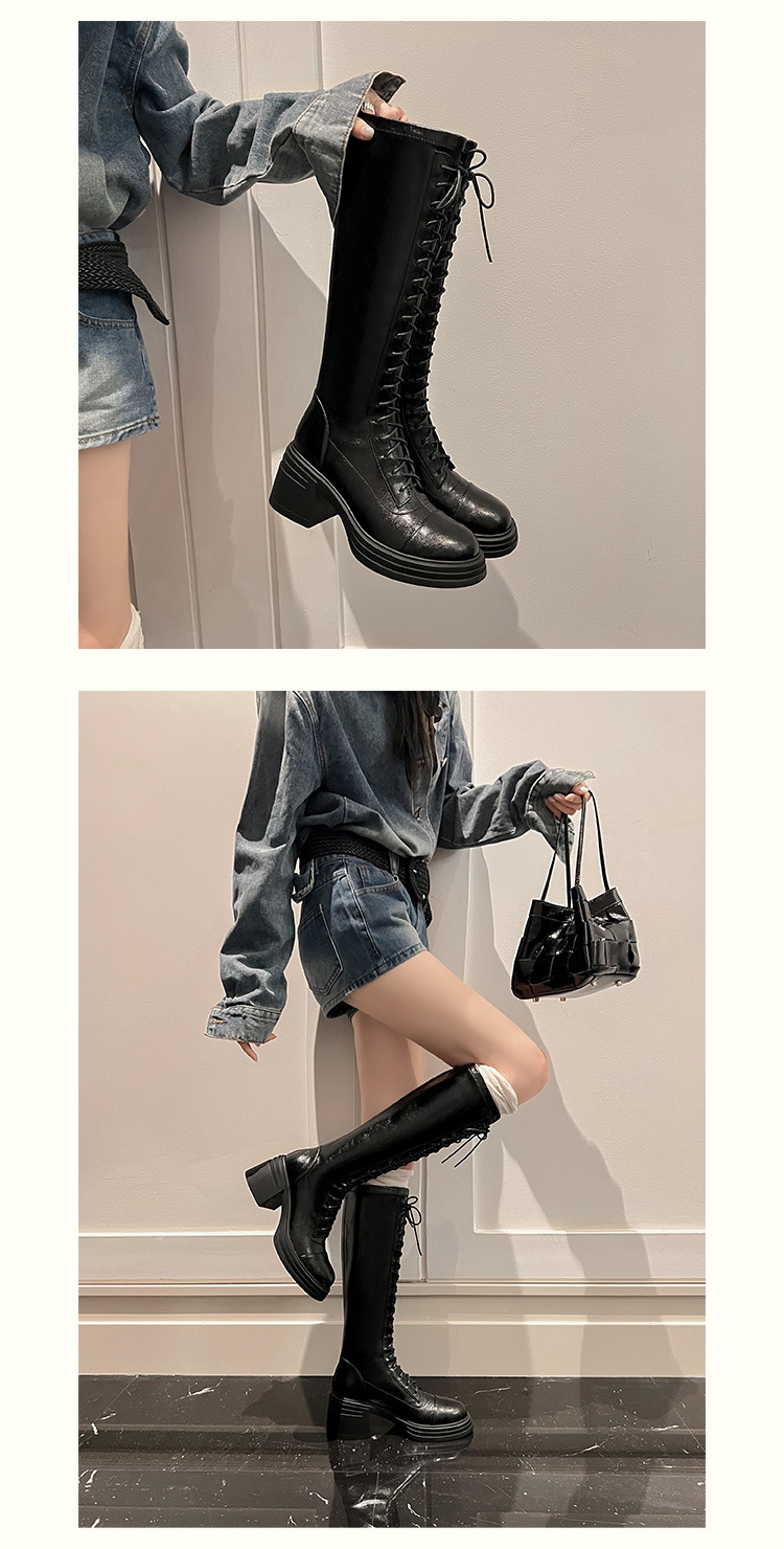 Boot nữ cổ cao ôm bắp chân đế dày dây buộc phong cách kỵ sĩ — Da lộn đen chi tiết 7