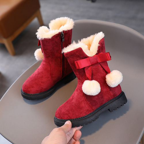 Children's snow boots, girls' winter velvet bow anti-slip fur all-in-one girls' thick boots and cotton shoes