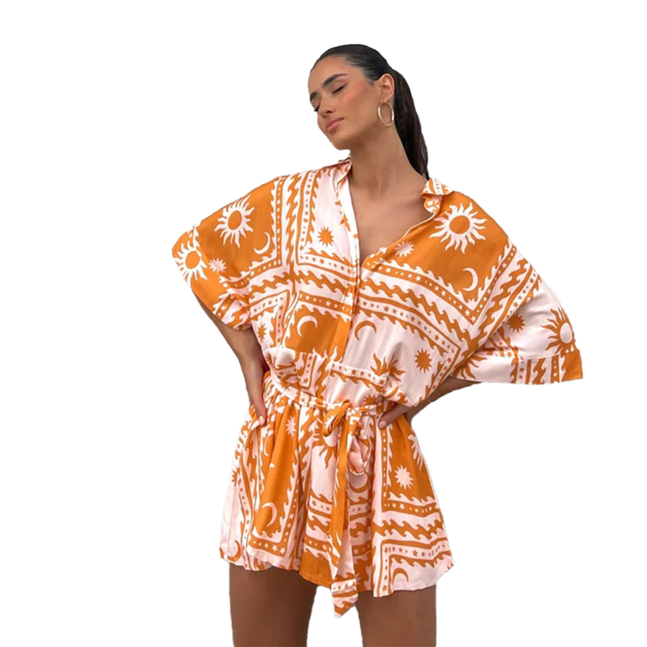 182g Weight Shorts Pants Length Polyester Fabric Type Mid Waist Waist Line Rompers Pants Type Micro-Elastic Elasticity Jumpsuit Tops Type Holiday, Daily Occasion Regular Fit Fit Type Sun Pattern Summer Season Women's Gender Printing Design Vacation Style Women's Holiday Daily Jumpsuit Vacation Sun Shorts Printing Rompers 44