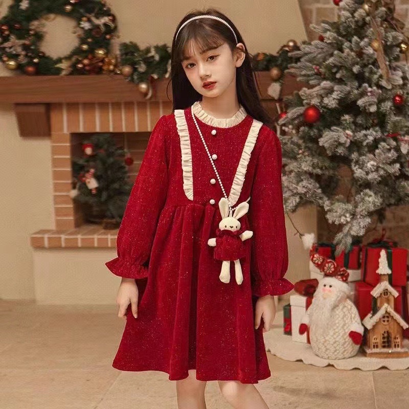 Robe de noël pour filles, nouvelle mode automne/hiver 2023, robe de princesse rouge douce à la mode, ligne a trésor pour femmes_voghion.com