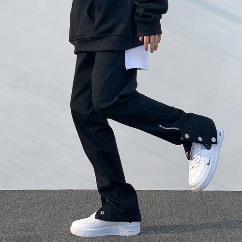 Men's Black High Street Pants, Ins Hip-Hop Trendy Tapered Zipper Split Button Denim Streetwear Brand Casual Straight Leg Pants