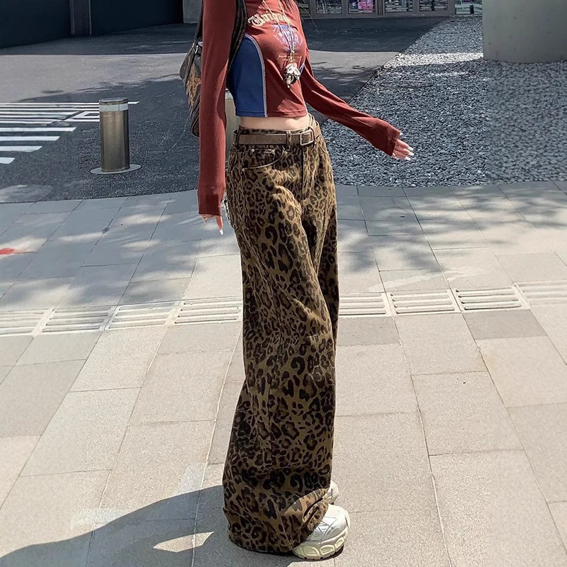 【韩牛】美式高街复古豹纹阔腿牛仔裤女秋季高腰宽松直筒拖地裤子|undefined