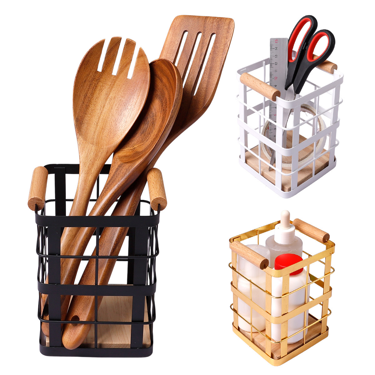 Venta caliente de cubierta de cocina cuchillos y tenedores cubiertos de almacenamiento estante de herramientas de cocina canasta de hierro forjado papelería oficina almacenamiento lápiz
