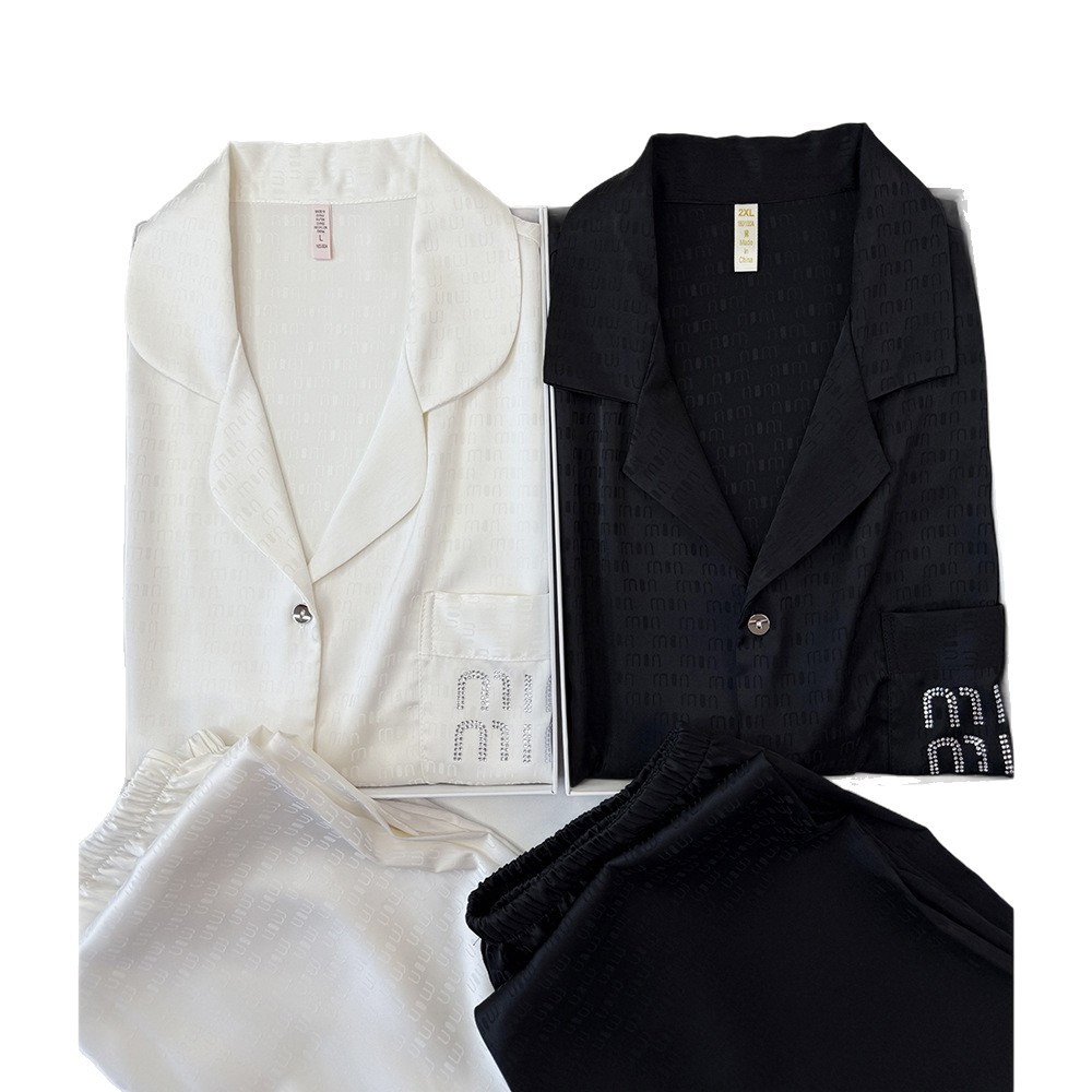 Luxuriöser Paarpyjama aus Eisseide, hochwertiger, dünner Jacquard-Satin mit Strasssteinen, für Frühling und Herbst, Herren- und Damen-Homewear_voghion.com