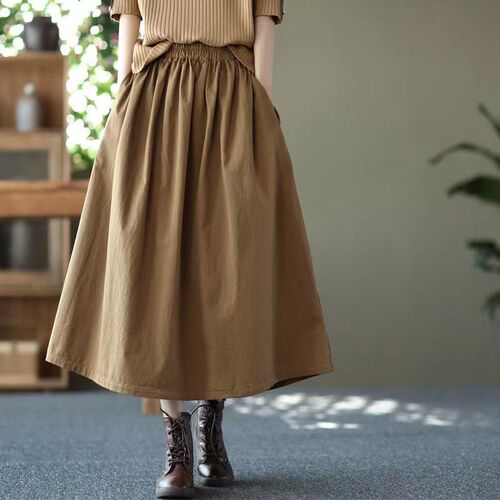 Cotton Spring Summer Skirt 2025 Slim Skirt Women's Elastic Waist Solid Color Large Size Large Hem Skirt Umbrella Skirt