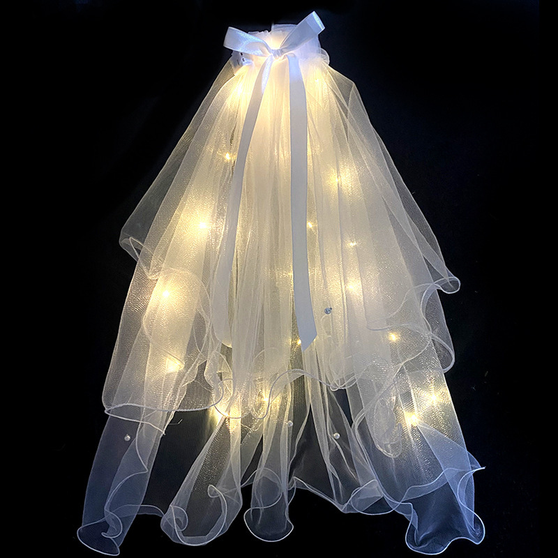 New Trendy Internet Celebrity Glowing Veil Crown Pearl Veil with Lighted Bow for Photo Shoots and Marriage Registration, Wholesale Street Stall Toys