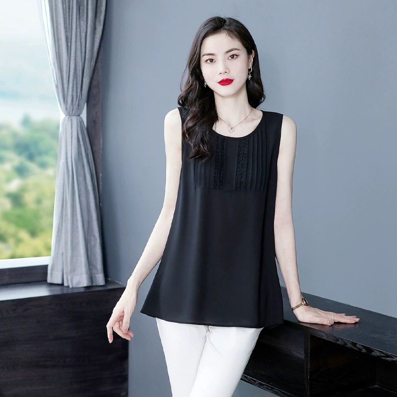 Летняя темпераментная качественная прессованная Базовая шифоновая рубашка без рукавов больших размеров, жилет, топ, женская одежда для среднего и пожилого возраста