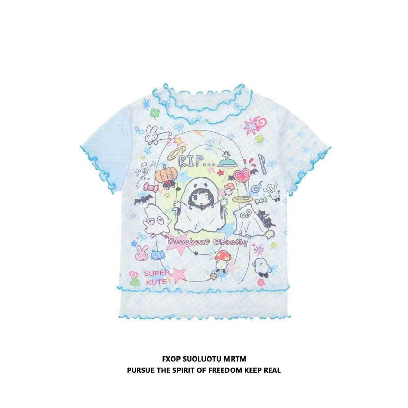 Graffiti Little Ghost Polka Dot Ruffle Hem Short Sleeve T-Shirt for Women 2026 Slim Fit Fake Two-Piece Sun Protection Top Graffiti Little Ghost Polka Dot Ruffle Hem Short Sleeve T-Shirt for Women 2026 Slim Fit Fake Two-Piece Sun Protection Top