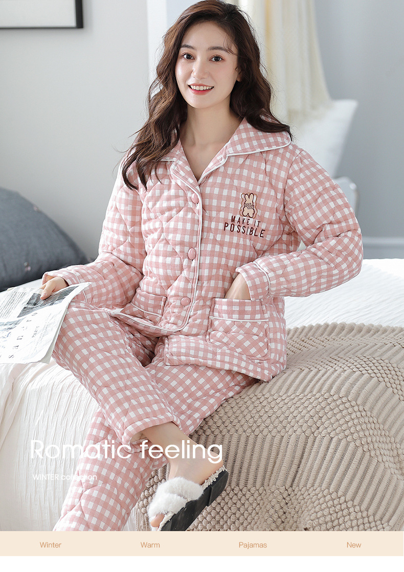 法米姿 夹棉睡衣女秋冬天纯棉长袖三层加厚可爱可出门保暖家居服套装